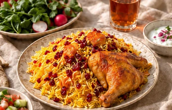 نمونه تصویری زرشک‌پلو با مرغ روی سفره‌ای ساده